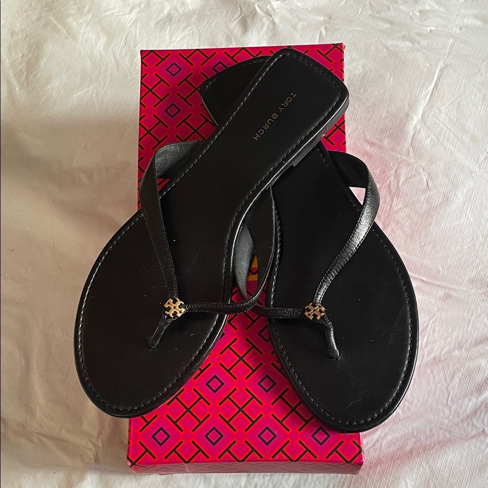 Tory Burch Black Sandals with Gold Emblem